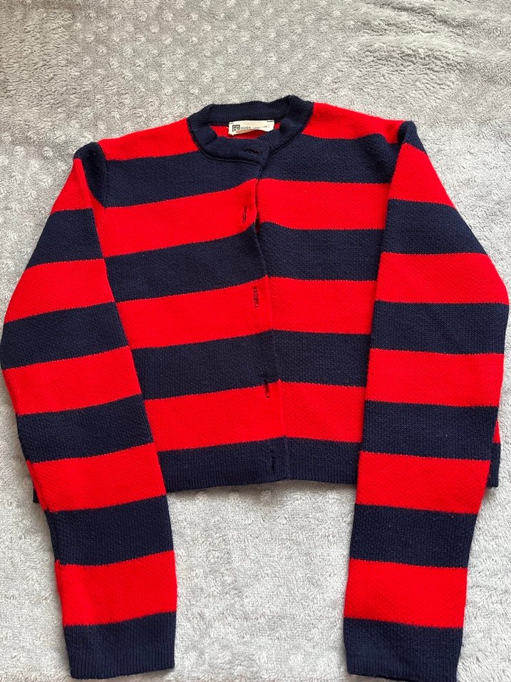 Kırmızı Lacivert Çizgili Kadın Triko Hırka - Görsel 2