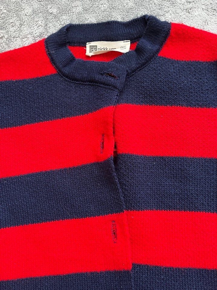 Kırmızı Lacivert Çizgili Kadın Triko Hırka - Görsel 3