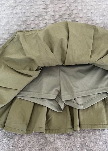 Haki Renkli Pilili Keten Mini Etek - Görsel 2