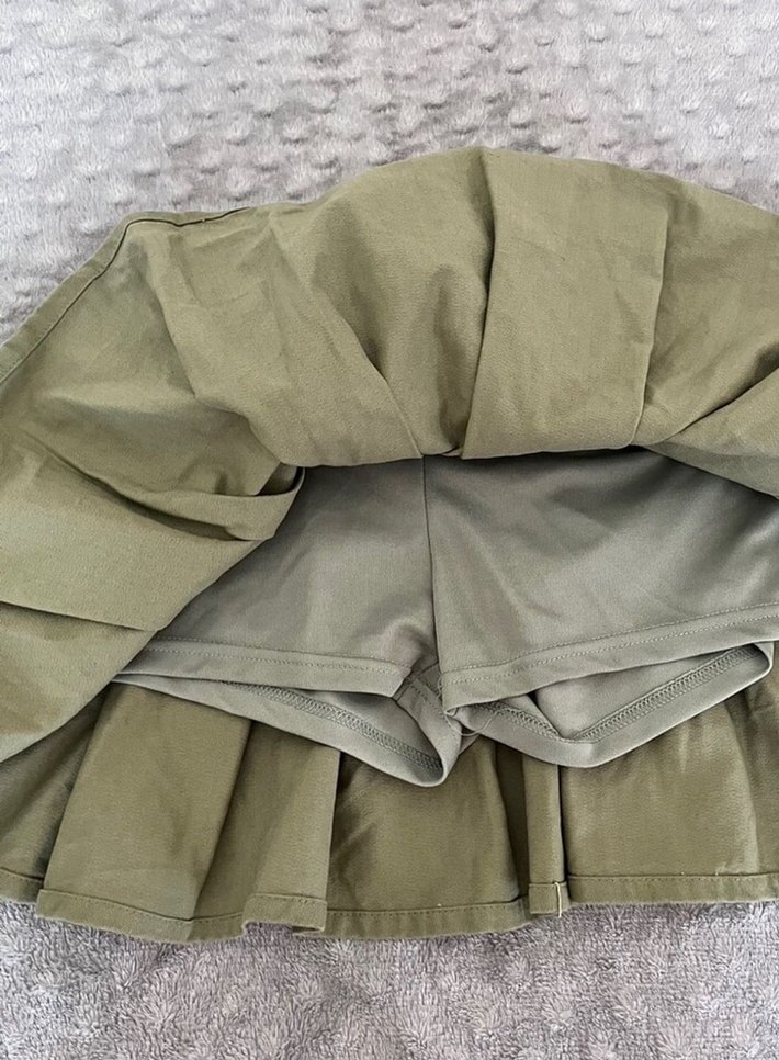 Haki Renkli Pilili Keten Mini Etek - Görsel 2