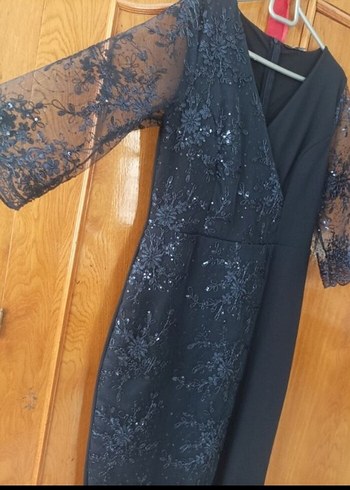 Drapeli Siyah İşlemeli Uzun Abiye Elbise - Görsel 2