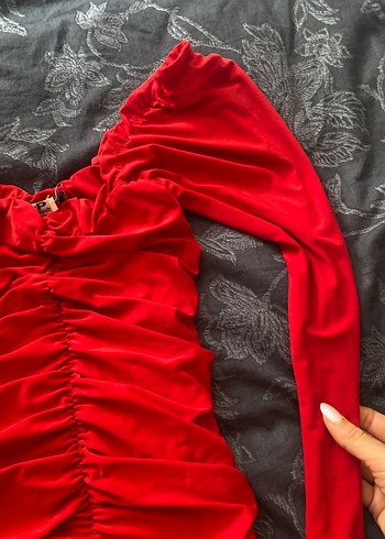 Kırmızı Uzun Kollu Fırfırlı mini Elbise - Görsel 2