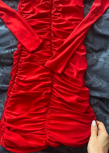 Kırmızı Uzun Kollu Fırfırlı mini Elbise - Görsel 3