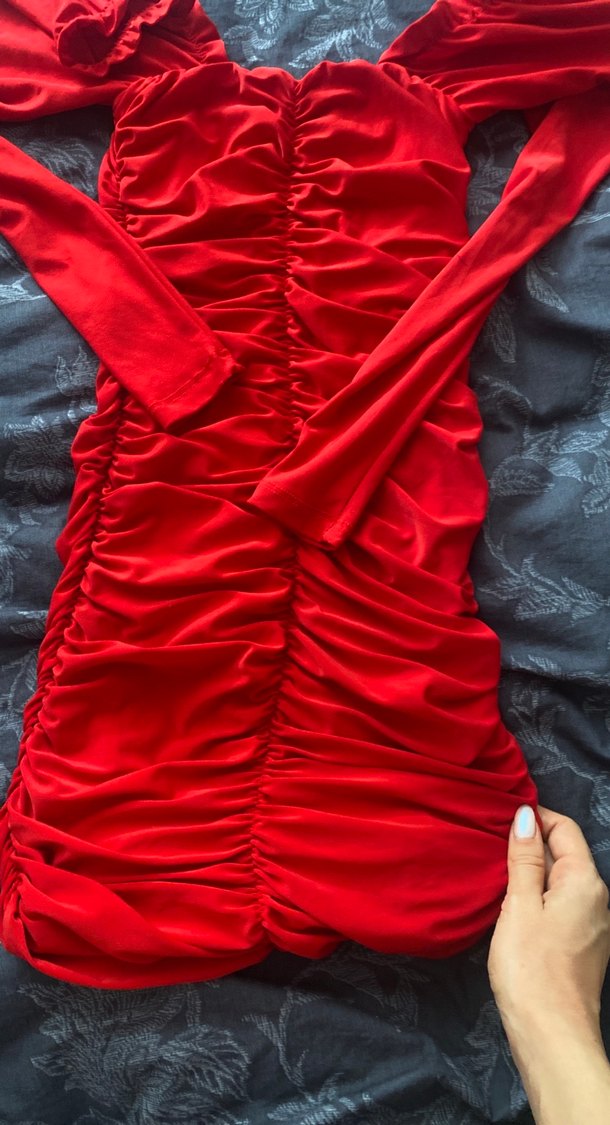 Kırmızı Uzun Kollu Fırfırlı mini Elbise - Görsel 3