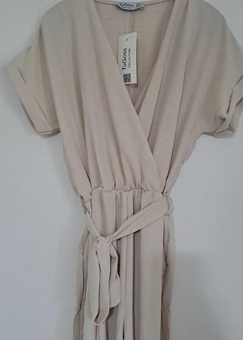 Bej V Yakalı Keten Midi Tulum - Görsel 5