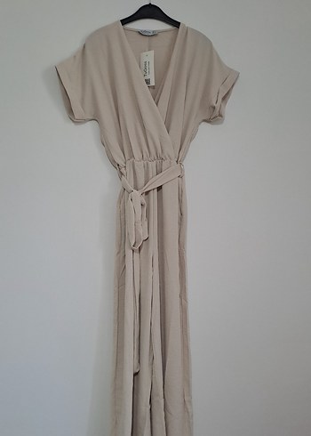 Bej V Yakalı Keten Midi Tulum - Görsel 6