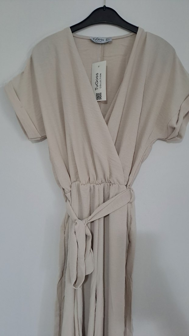 Bej V Yakalı Keten Midi Tulum - Görsel 5