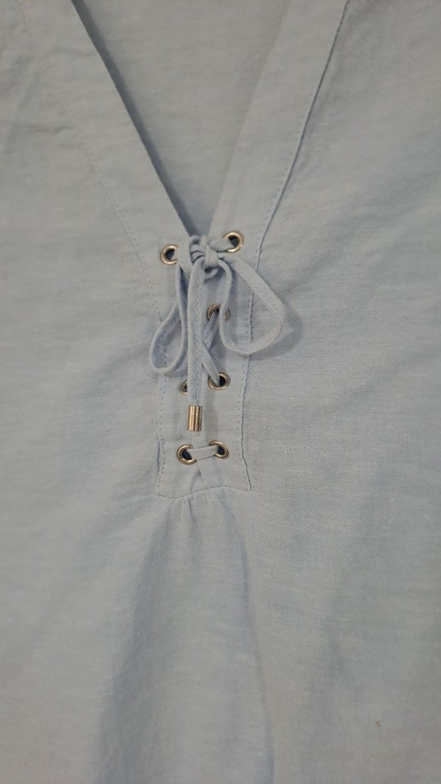 Mavi V Yaka Uzun Kollu Keten Gömlek - Görsel 4