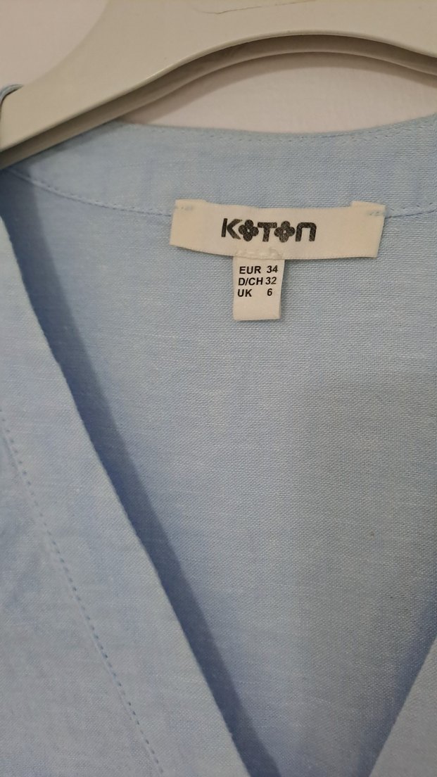 Mavi V Yaka Uzun Kollu Keten Gömlek - Görsel 3