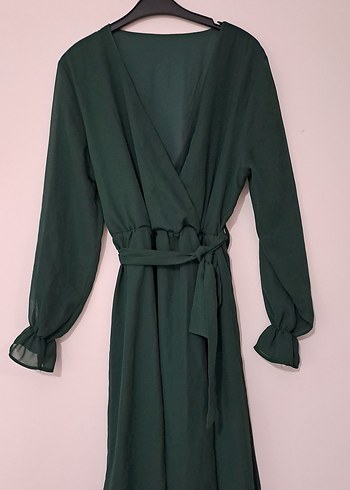 Zümrüt yeşili Transparan Midi Uzun Kollu Elbise - Görsel 7