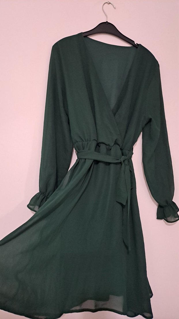 Zümrüt yeşili Transparan Midi Uzun Kollu Elbise - Görsel 5
