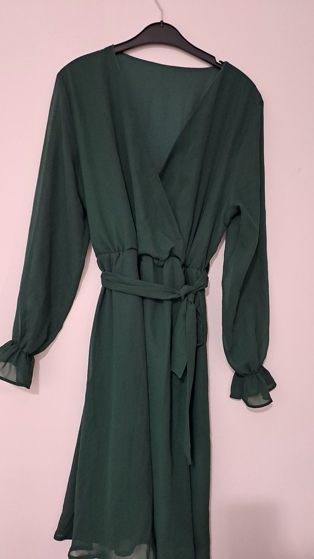 Zümrüt yeşili Transparan Midi Uzun Kollu Elbise - Görsel 3