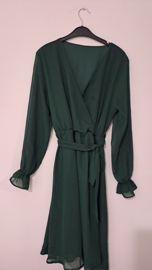 Zümrüt yeşili Transparan Midi Uzun Kollu Elbise - Görsel 2