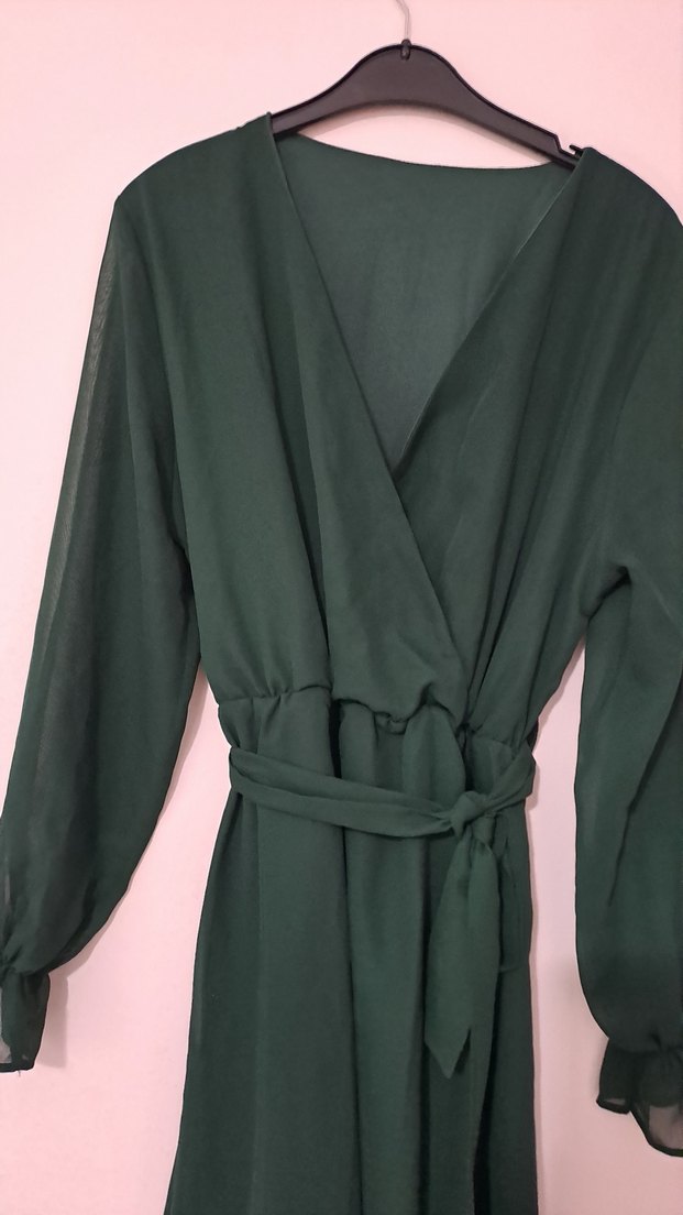 Zümrüt yeşili Transparan Midi Uzun Kollu Elbise - Görsel 4