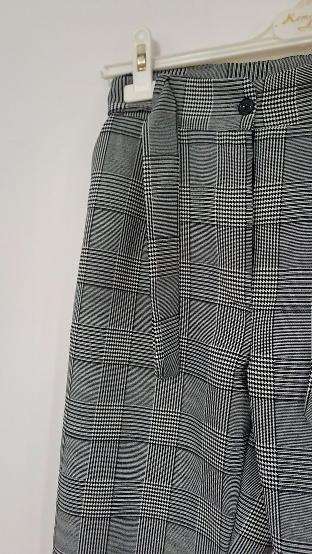Kemerli Gri Ekose Kumaş Pantolon - Görsel 2