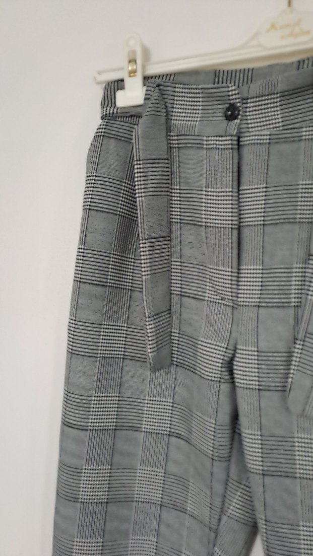 Kemerli Gri Ekose Kumaş Pantolon - Görsel 3