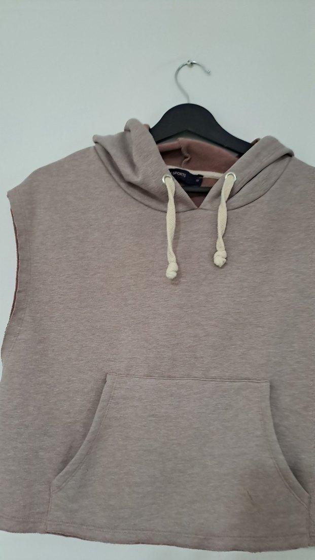 Bej Kapüşonlu Kolsuz Sweatshirt - Görsel 2