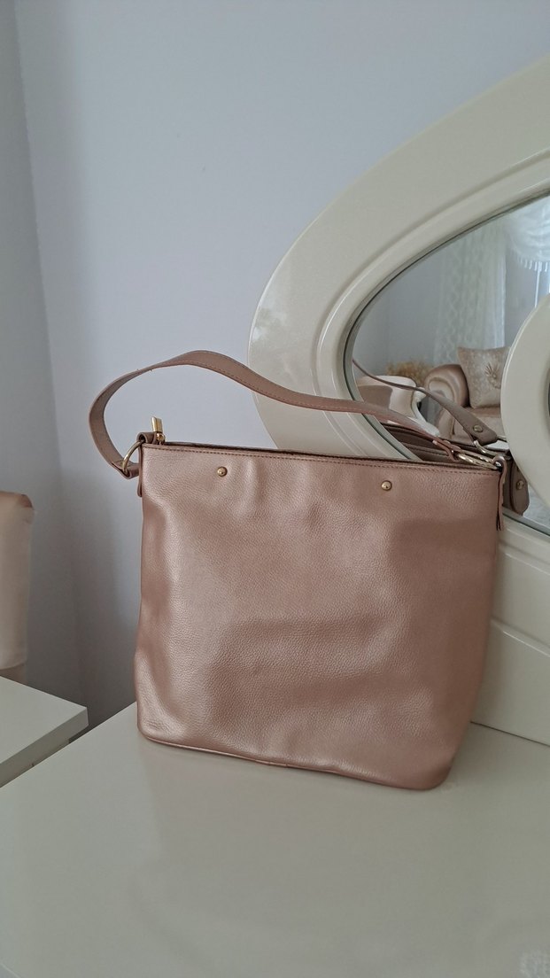 Bej Deri Kadın Çantası Fermuarlı - Görsel 4