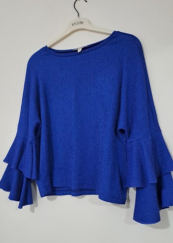 Mavi Keten Kadın Fırfırlı Uzun Kollu Kazak - Görsel 3