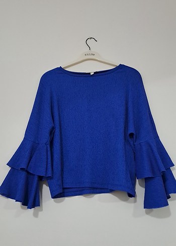 Mavi Keten Kadın Fırfırlı Uzun Kollu Kazak - Görsel 2