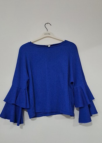 Mavi Keten Kadın Fırfırlı Uzun Kollu Kazak - Görsel 5