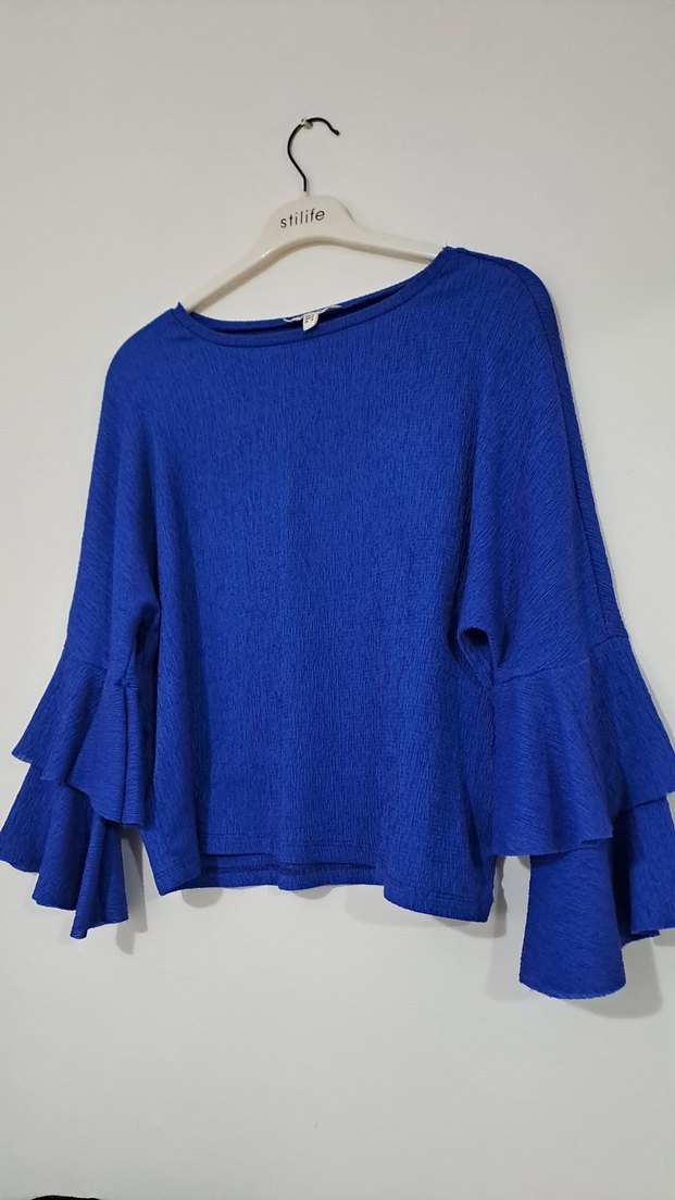 Mavi Keten Kadın Fırfırlı Uzun Kollu Kazak - Görsel 3