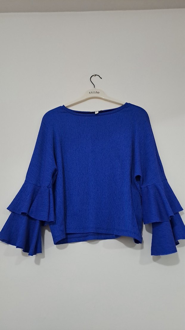 Mavi Keten Kadın Fırfırlı Uzun Kollu Kazak - Görsel 2