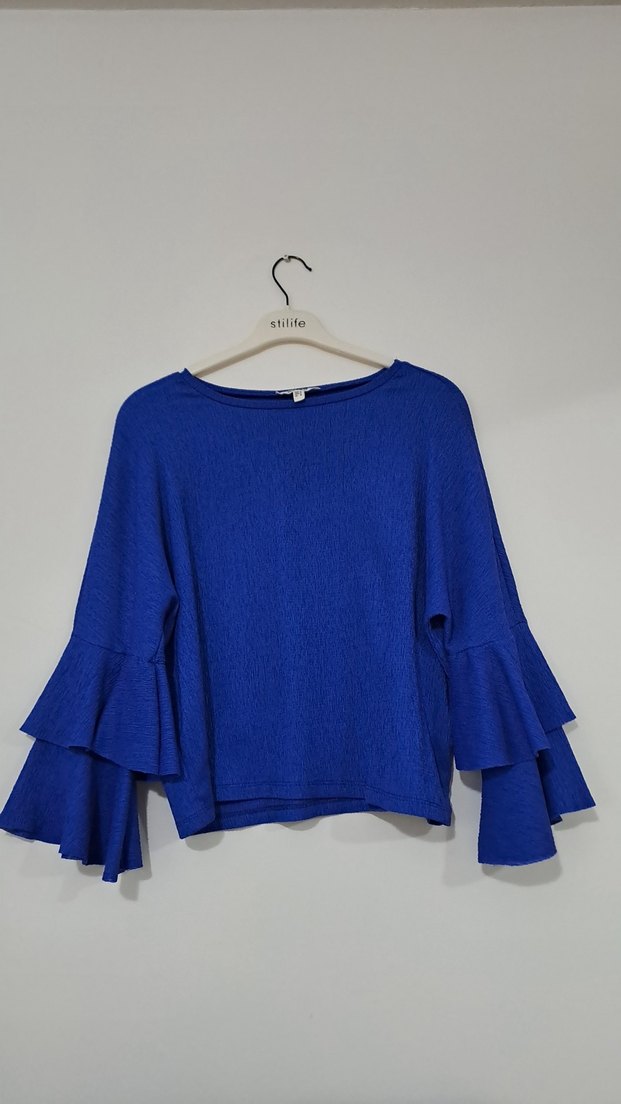 Mavi Keten Kadın Fırfırlı Uzun Kollu Kazak - Görsel 5