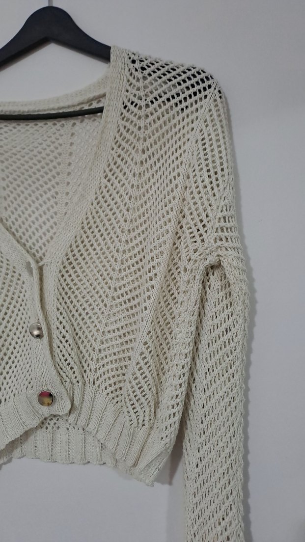 Bej Örgü V Yaka Kısa Kadın Hırka - Görsel 2