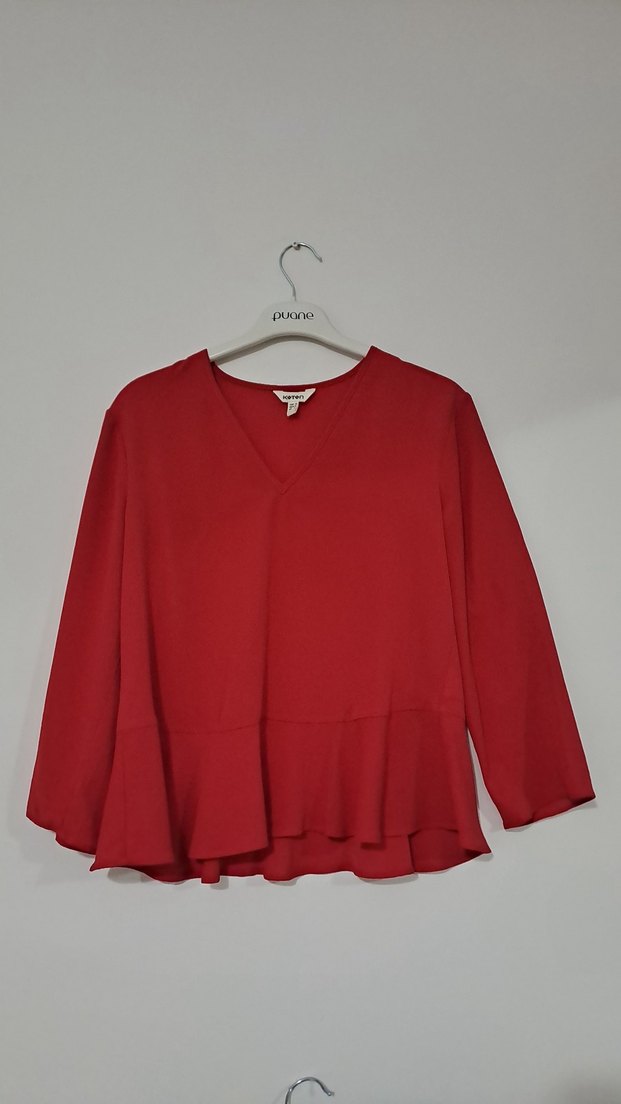 Uzun Kollu Kırmızı Fırfırlı Bluz - Görsel 3