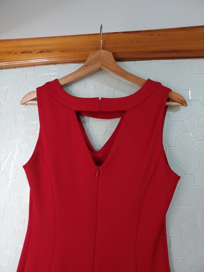 Kırmızı V Yakalı Midi Abiye Elbise - Görsel 3