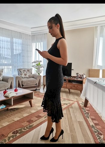 36 Beden siyah Renk Uzun Siyah Gotik Yüksek Yakalı Kadın Elbise