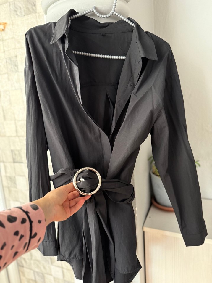 Siyah Kuşaklı Kadın Kemer detaylı gömlek - Görsel 2