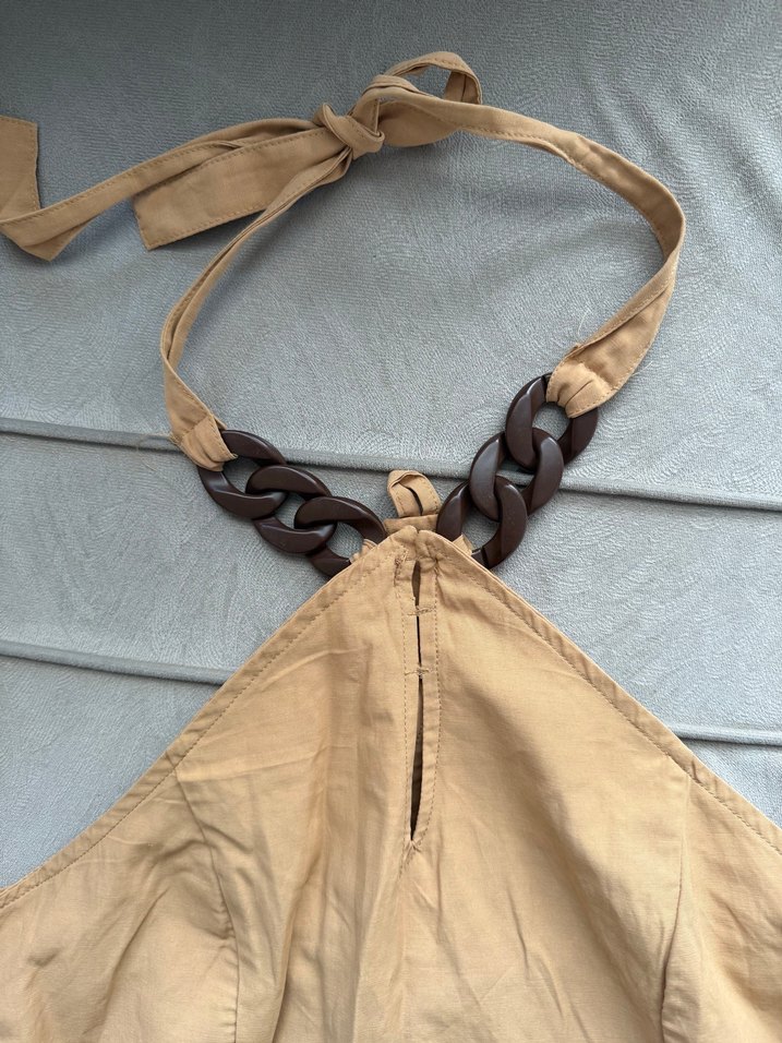 Bej Zincir Detaylı uzun Halter Boyun Elbise - Görsel 2