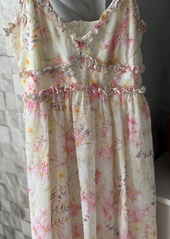 Pembe Çiçekli Uzun Drapeli Bohem Elbise - Görsel 3