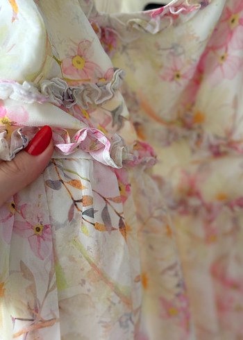 Pembe Çiçekli Uzun Drapeli Bohem Elbise - Görsel 5