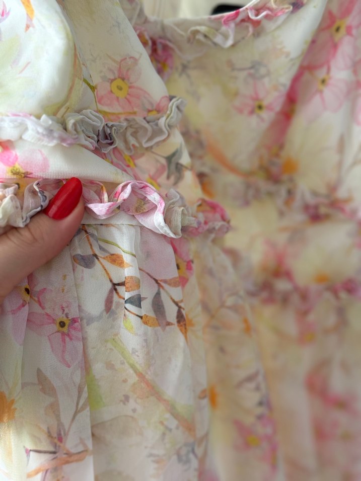 Pembe Çiçekli Uzun Drapeli Bohem Elbise - Görsel 5