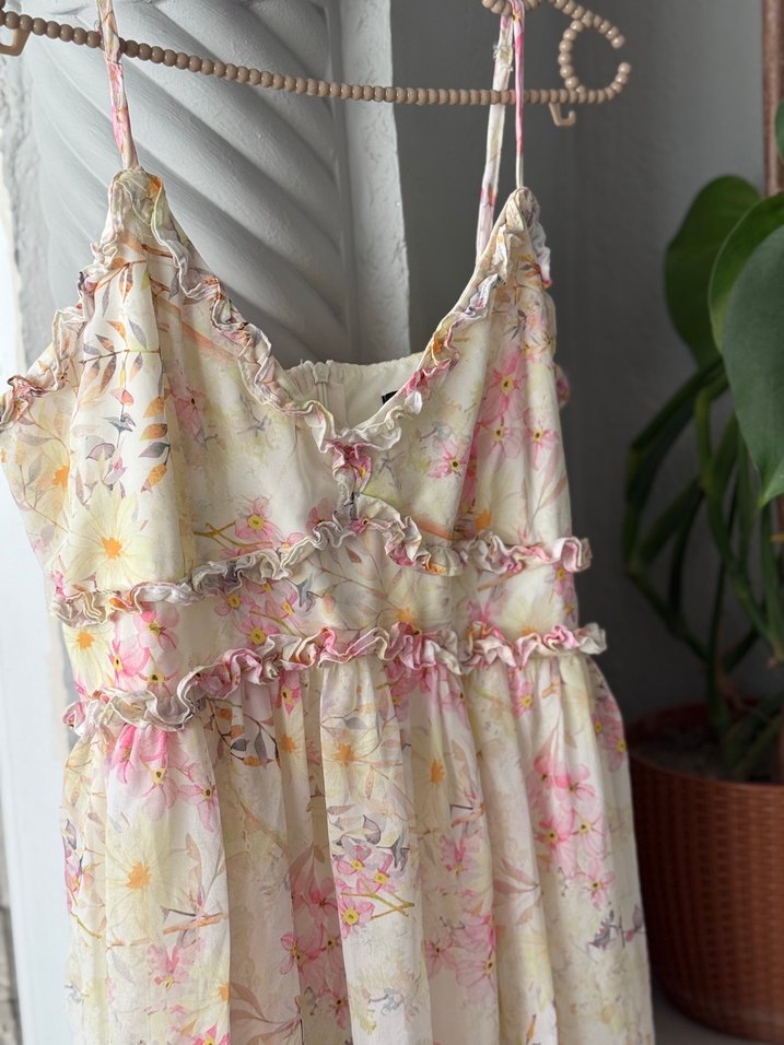 Pembe Çiçekli Uzun Drapeli Bohem Elbise - Görsel 2