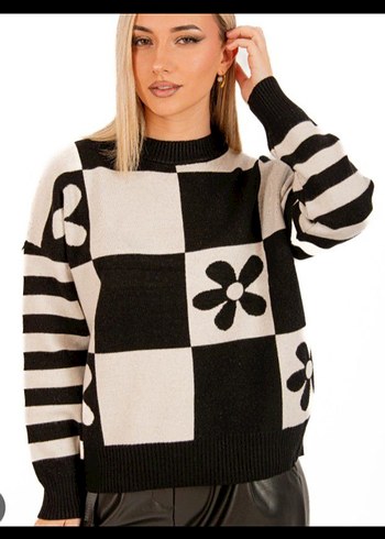 Bohem Kareli Çiçekli Örgü Kazak - Görsel 2