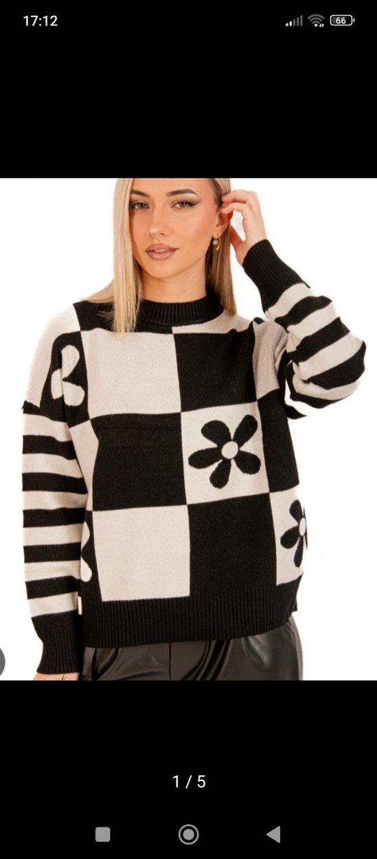 Bohem Kareli Çiçekli Örgü Kazak - Görsel 2