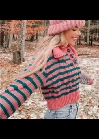 Pembe Çizgili Örgü Kadın Kazak - Görsel 2