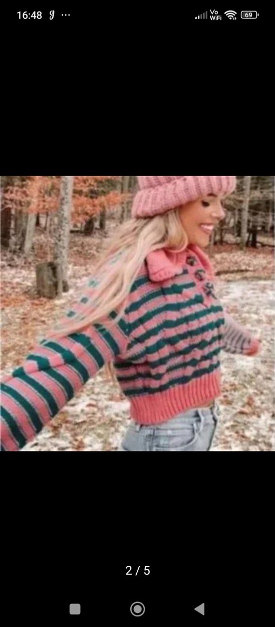 Pembe Çizgili Örgü Kadın Kazak - Görsel 2