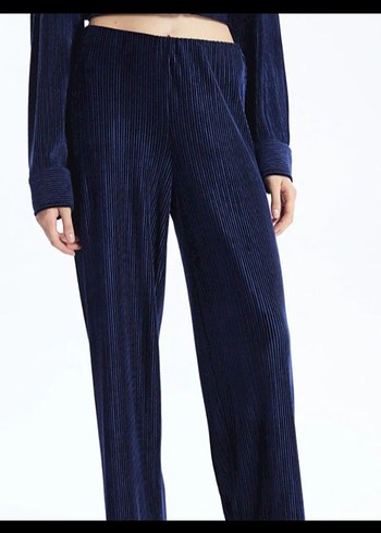 saks mavisi Piliseli Midi Kadın Pantolon curve rahat kalıp - Görsel 2