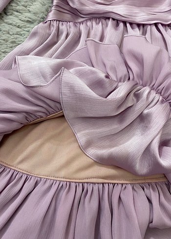 Lila Saten Midi Elbise, Fırfır Detaylı - Görsel 4