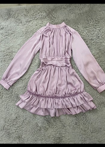 Lila Saten Midi Elbise, Fırfır Detaylı - Görsel 2