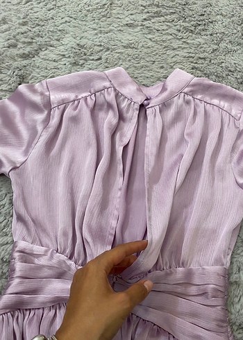 Lila Saten Midi Elbise, Fırfır Detaylı - Görsel 5
