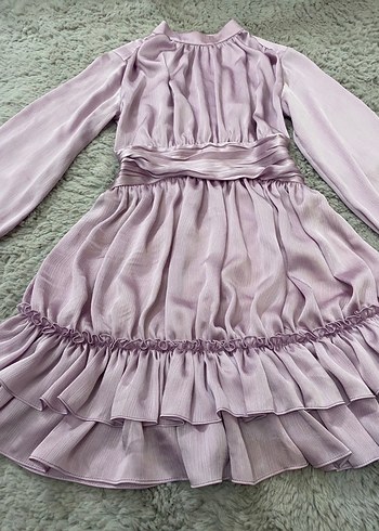 Lila Saten Midi Elbise, Fırfır Detaylı - Görsel 3