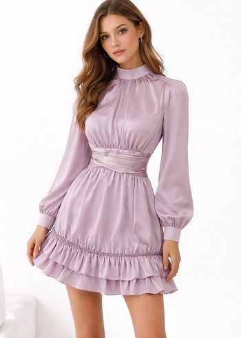 Lila Saten Midi Elbise, Fırfır Detaylı - Görsel 6