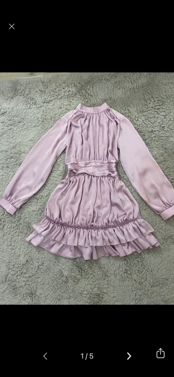 Lila Saten Midi Elbise, Fırfır Detaylı - Görsel 2