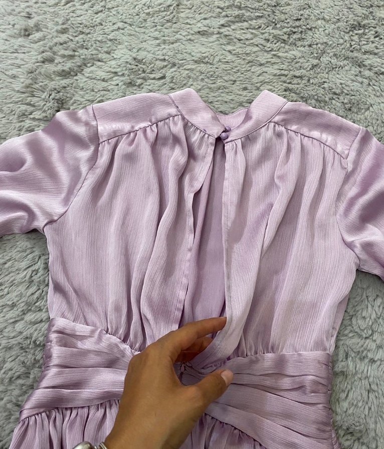 Lila Saten Midi Elbise, Fırfır Detaylı - Görsel 5